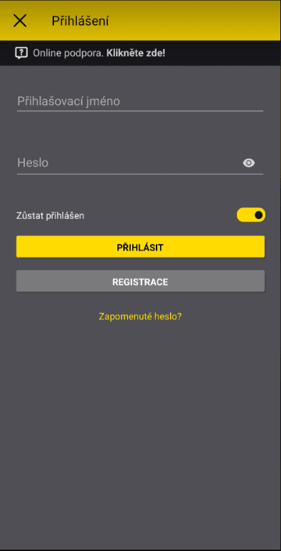 Okno pro přihlášení do mobilní aplikace