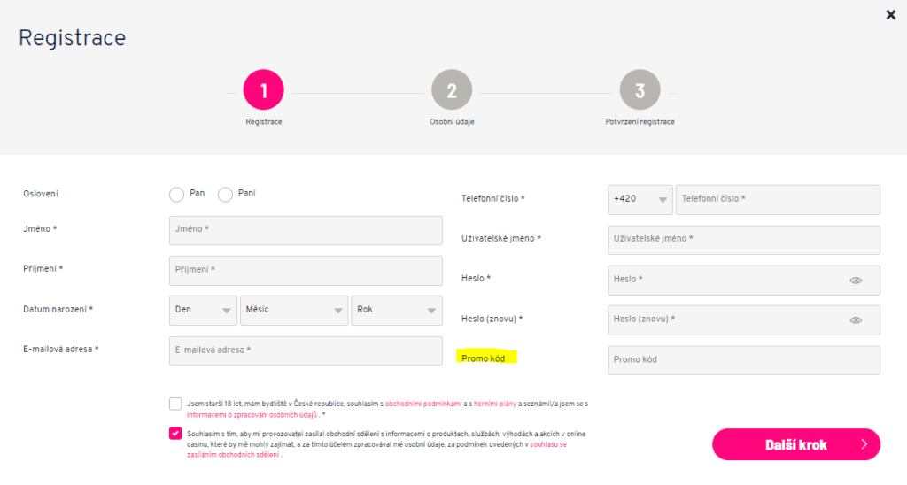 Promo kód v registračním formuláři Apollo Games casina.