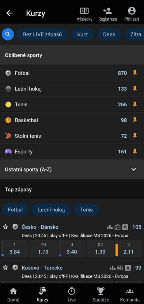 Kurzové sázení v mobilní aplikaci