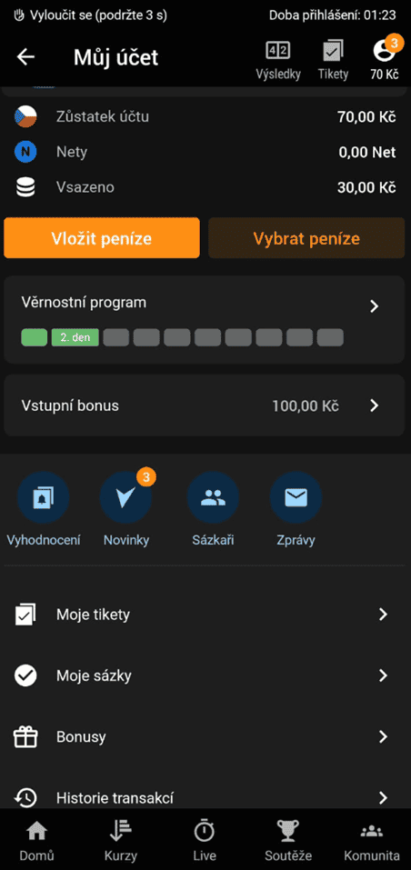 Nabídka „Můj účet“