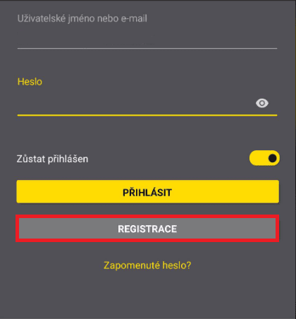 Přihlášení nebo registrace nového účtu v mobilní aplikaci