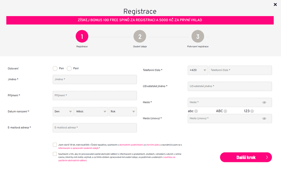 Vyplňte své jméno, příjmení, datum narození, email, telefonní číslo, uživatelské jméno a heslo