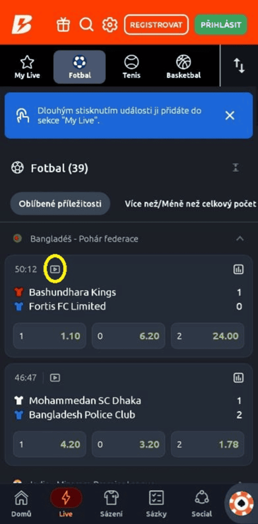 Live sázení a sledování streamů