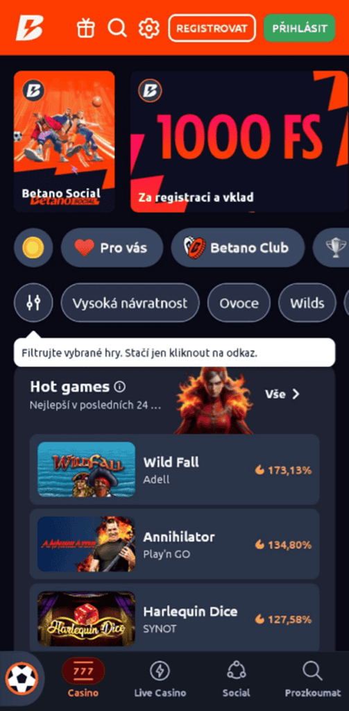 Betano Vegas v mobilní aplikaci