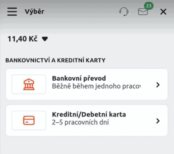 Platební možnosti pro výběry