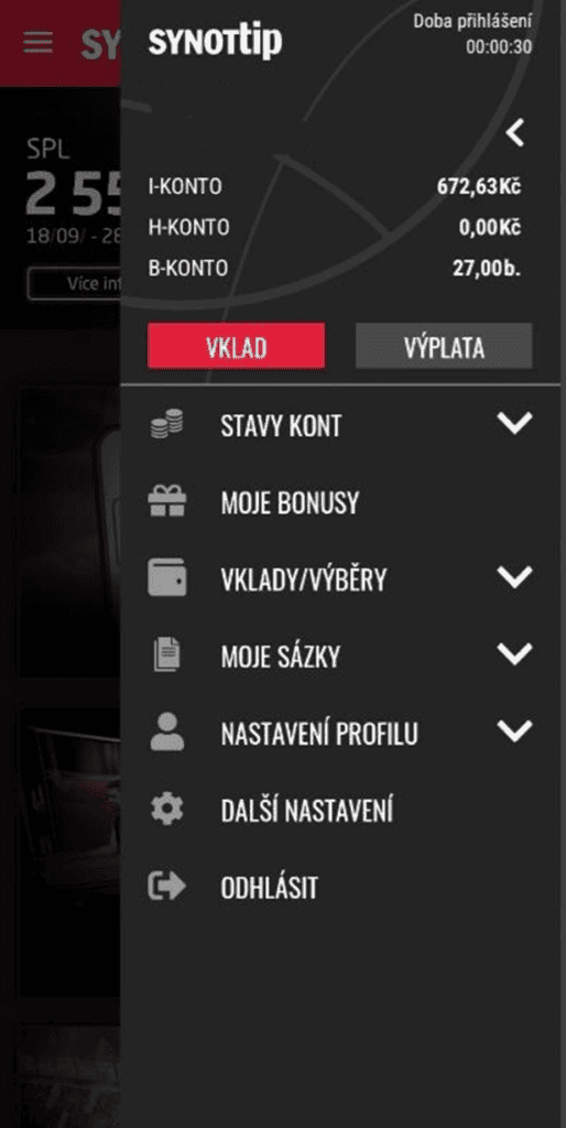 Menu mobilní aplikace