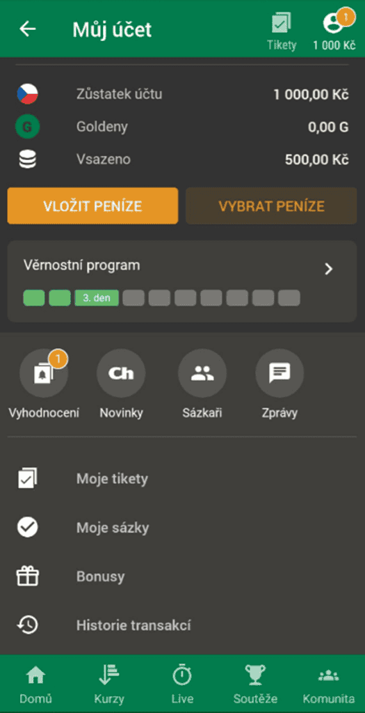 Menu účtu