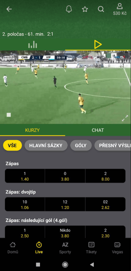 Live sázení a sledování streamů v aplikaci