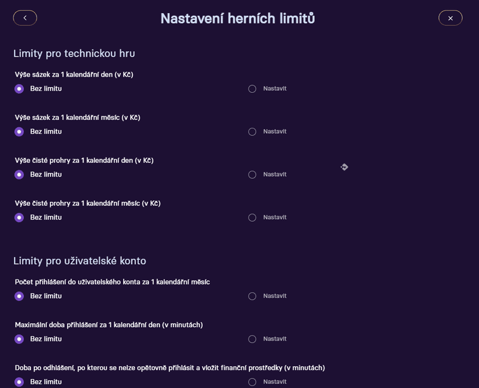 Nastavení herních limitů