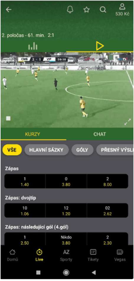Sledování živých přenosů v mobilní aplikaci Fortuna