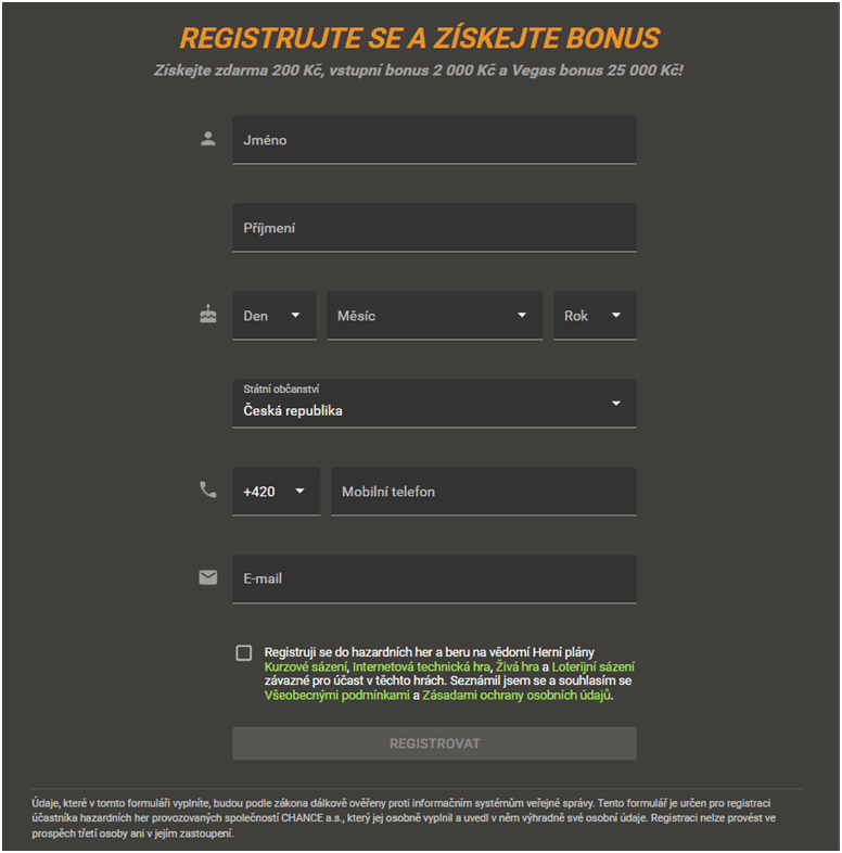 Vyplňte registrační informace
