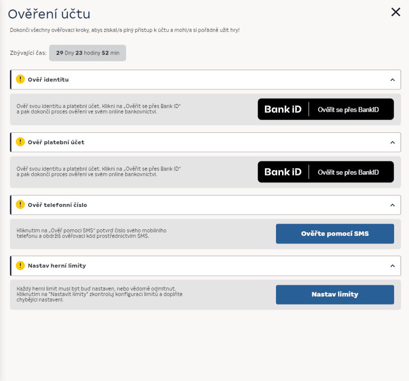 Ověření účtu a nastavení herních limitů