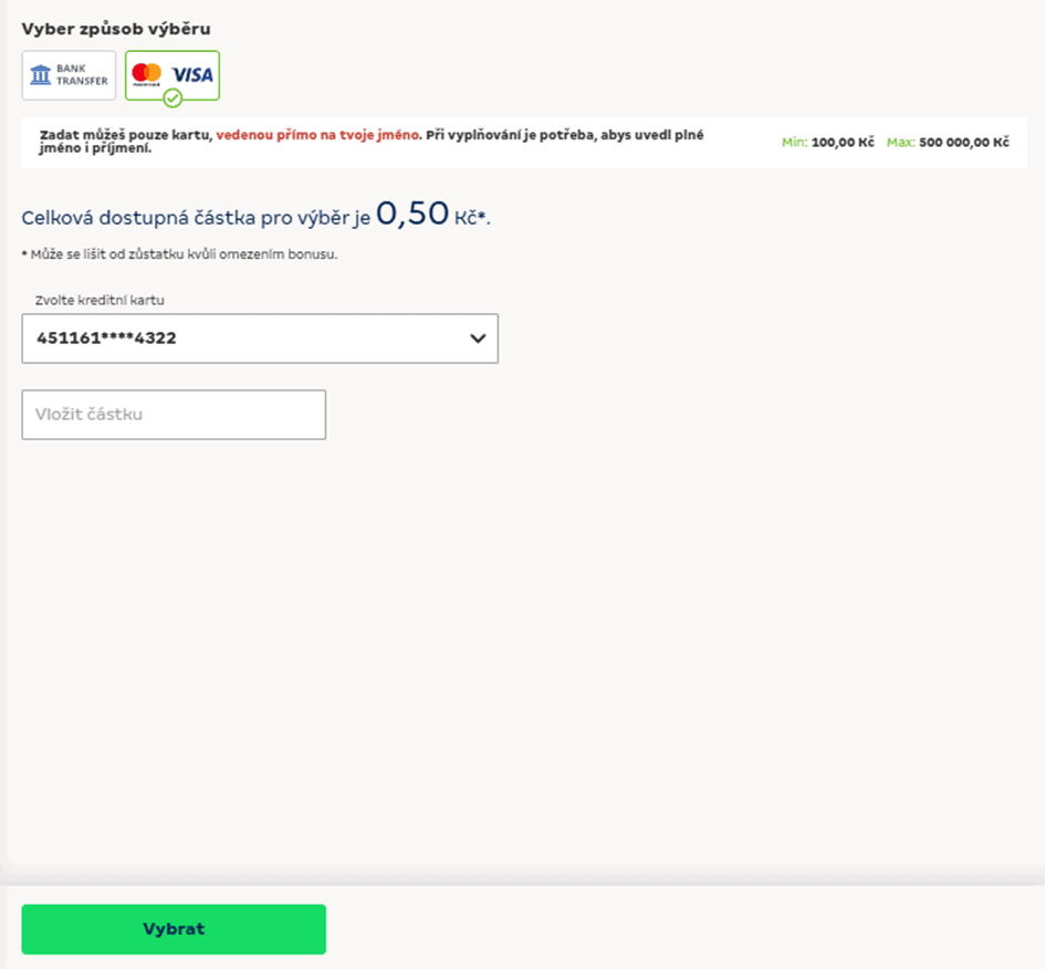 Zvolte částku, kterou chcete vybrat