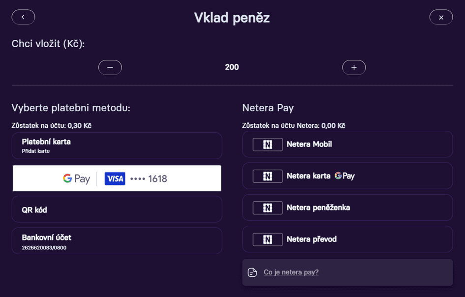 Výběr částky pro vložení a platební metody