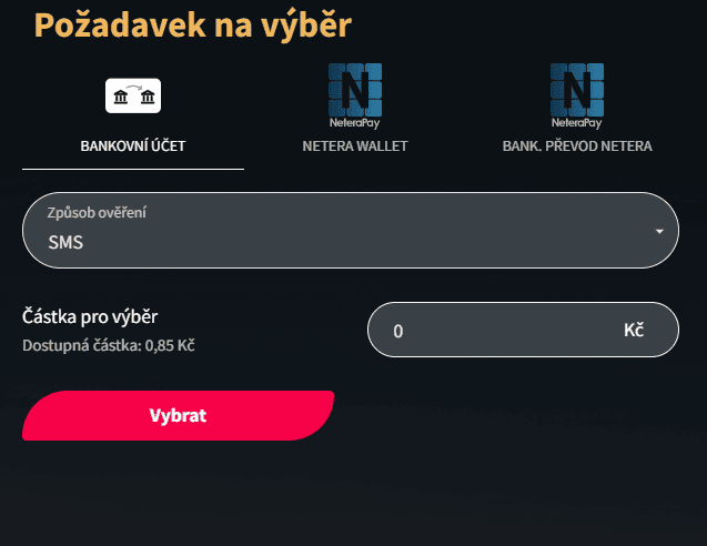 Požadavek na výběr peněz z účtu
