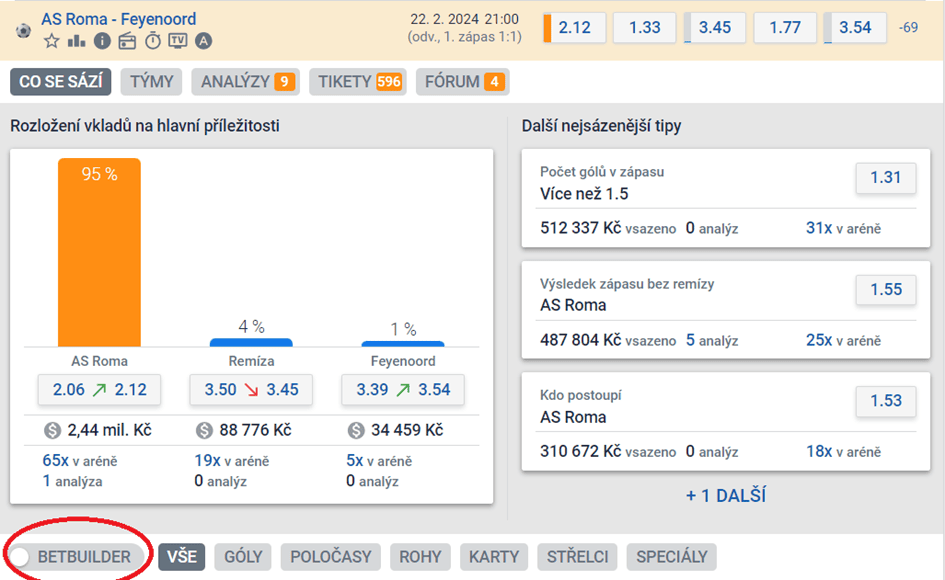 Klikněte na tlačítko "Betbuilder"
