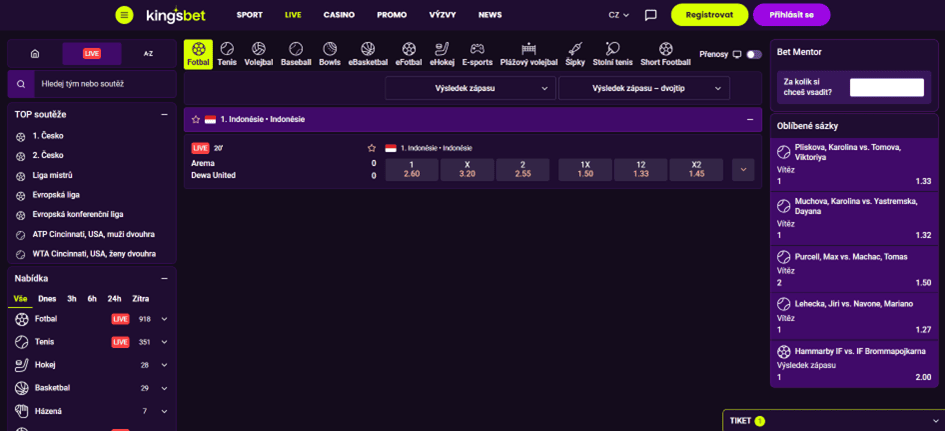 Live sázení v Kingsbetu
