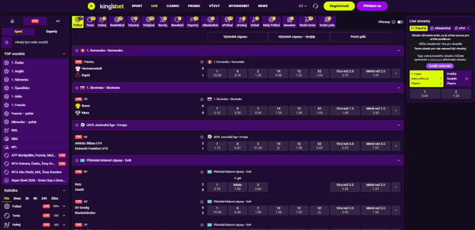 Live sázení v Kingsbetu
