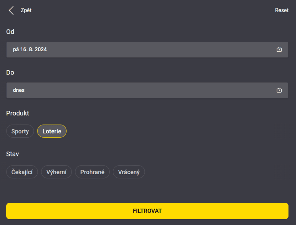 Můžete si vyfiltrovat tikety na vybrané datum
