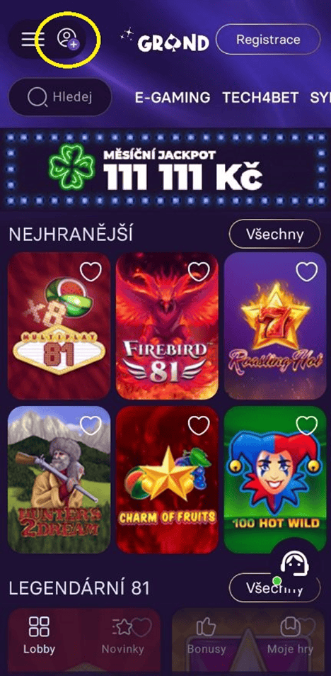 Přihlášení do herního účtu