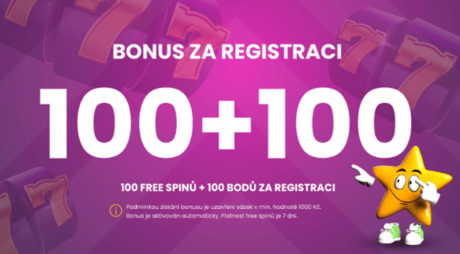 100 free spinů + 100 bodů za registraci a počáteční aktivitu