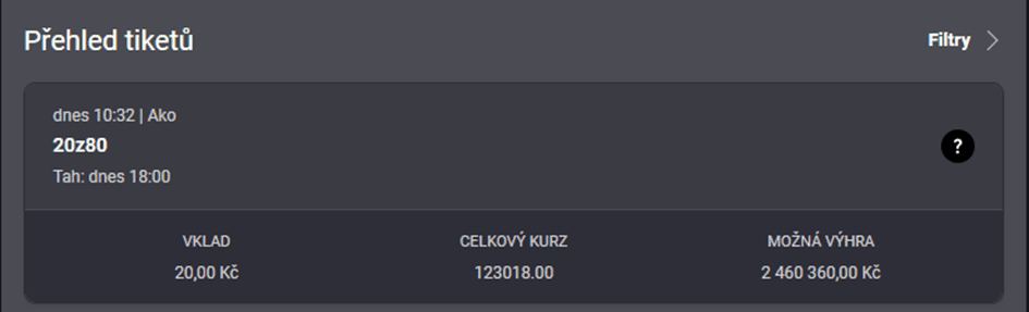 Zobrazení vsazeného tiketu