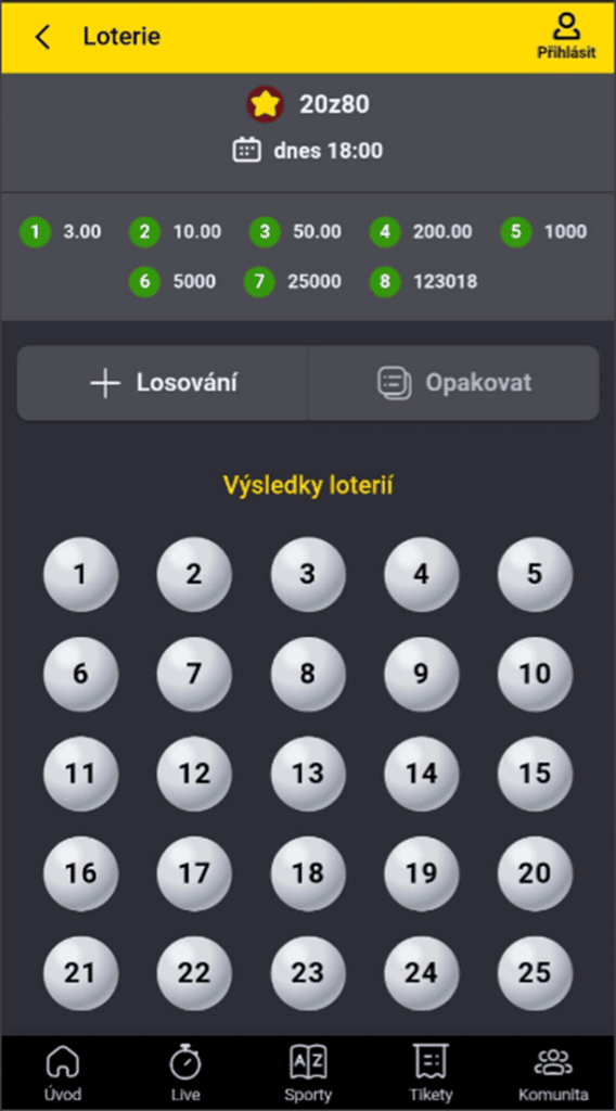 Vsazení 20 z 80 pomocí mobilní aplikace Fortuny