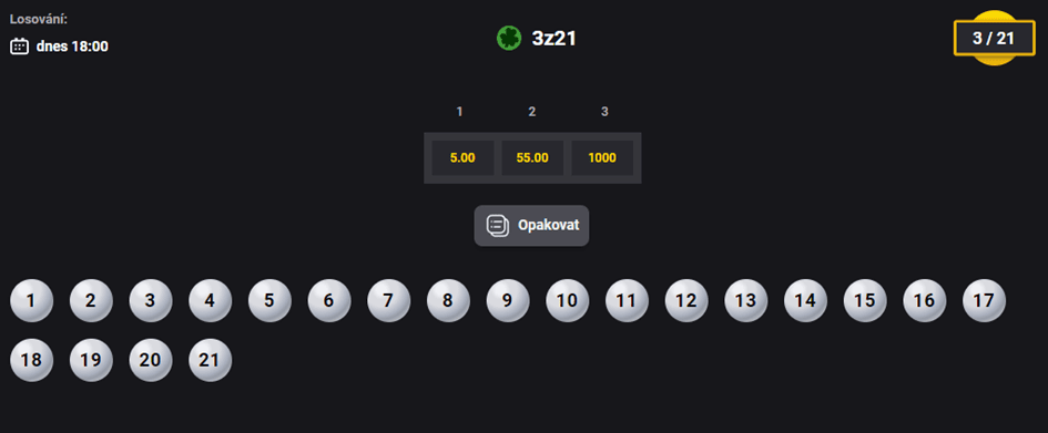 Výběr čísel v loterii 3 z 21