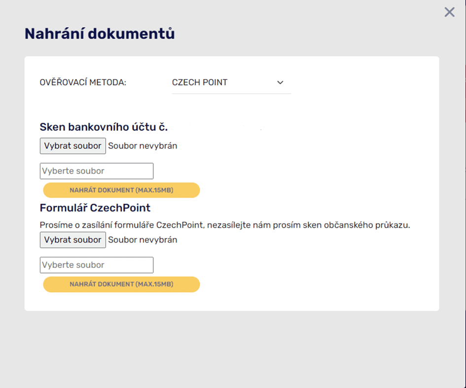 Při ověření na CZECH POINTU musíte do účtu nahrát vystavený doklad