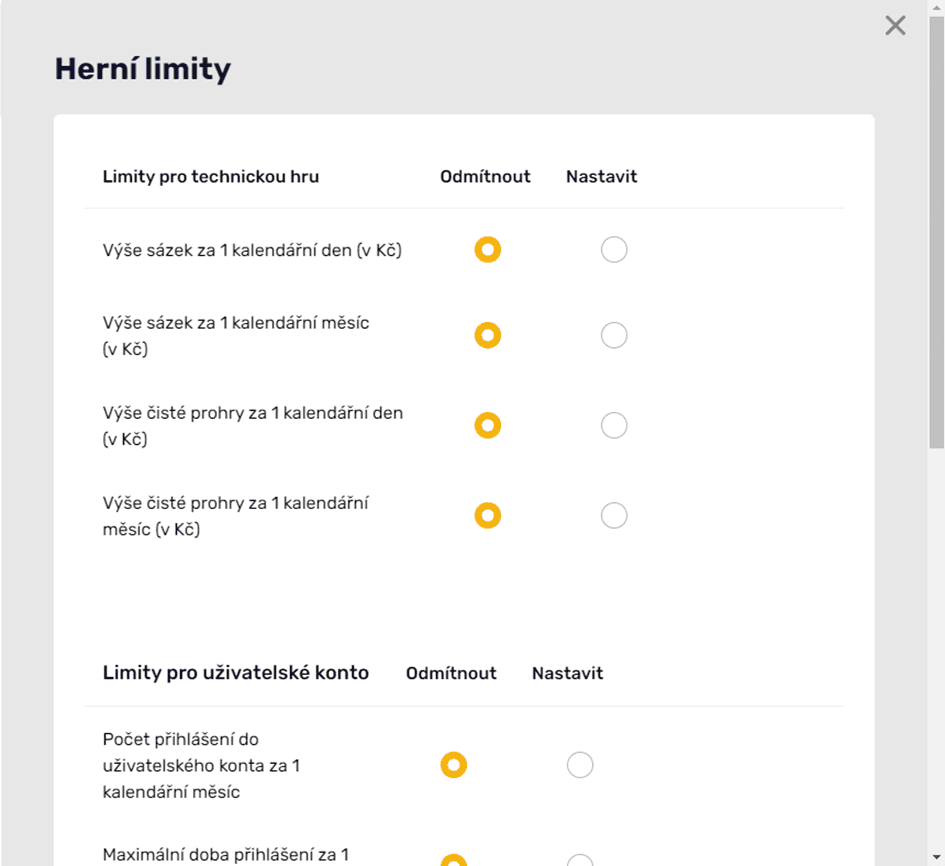 Nastavení herních limitů