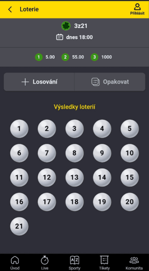 Vsazení 3 z 21 pomocí mobilní aplikace Fortuny