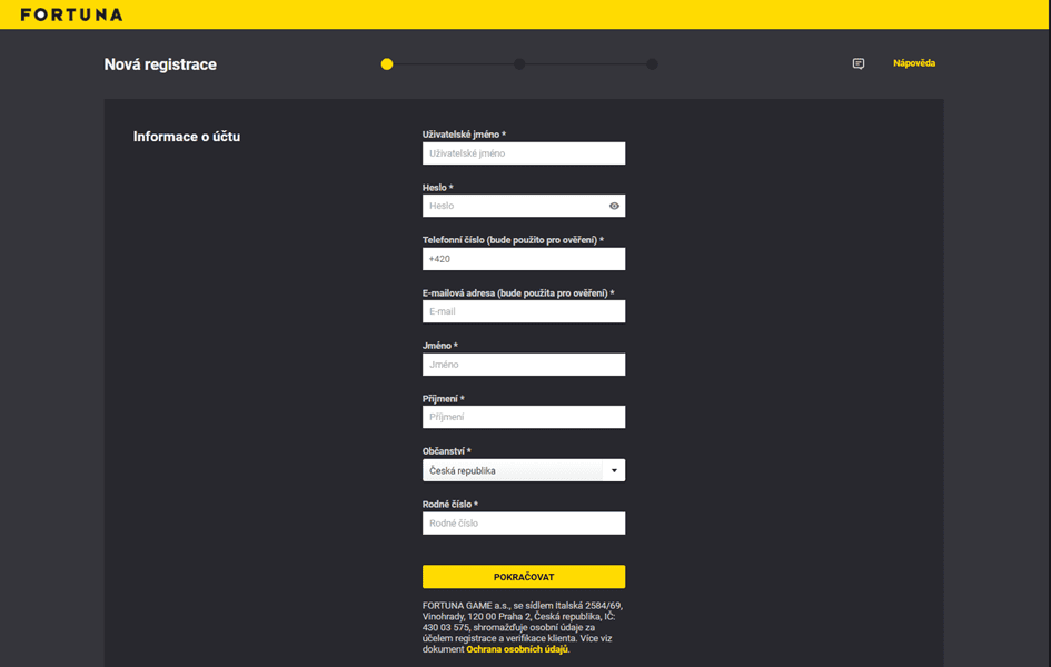 První krok registrace – vyplňte uživatelské jméno a heslo