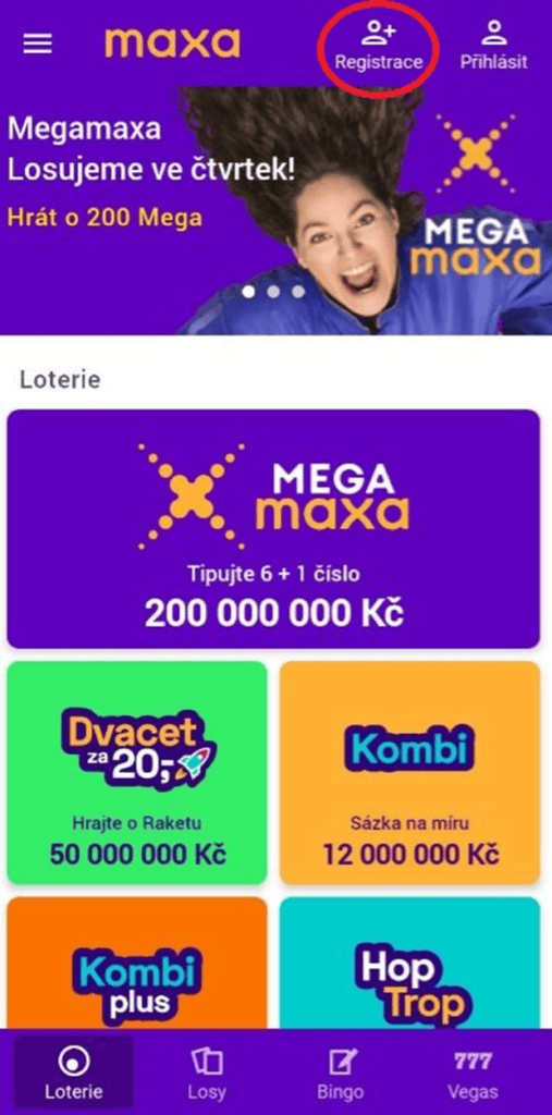 Registrace z aplikace Maxa