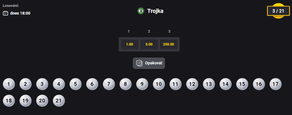 Výběr čísel v loterii Trojka