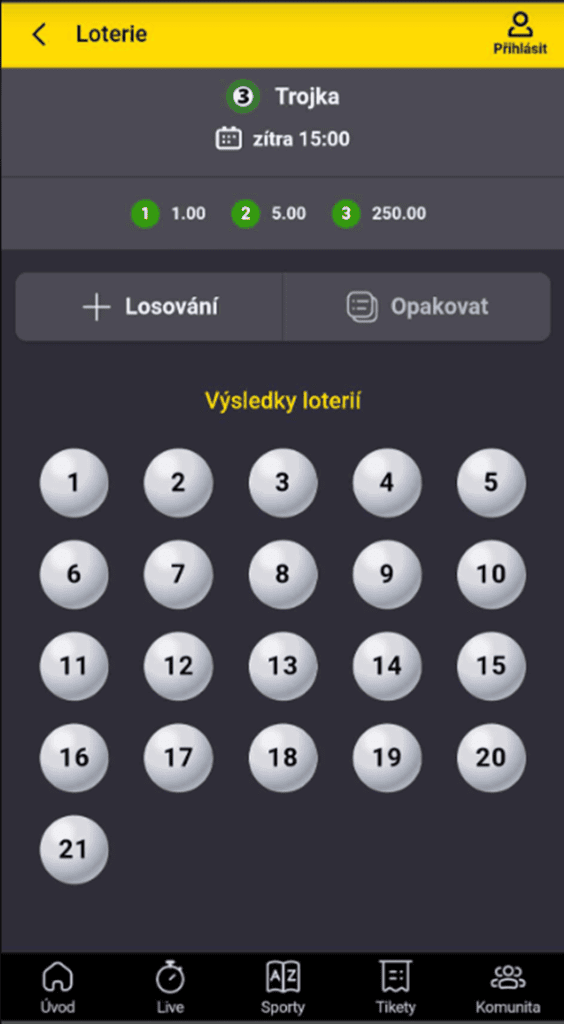 Vsazení Trojky z mobilní aplikace