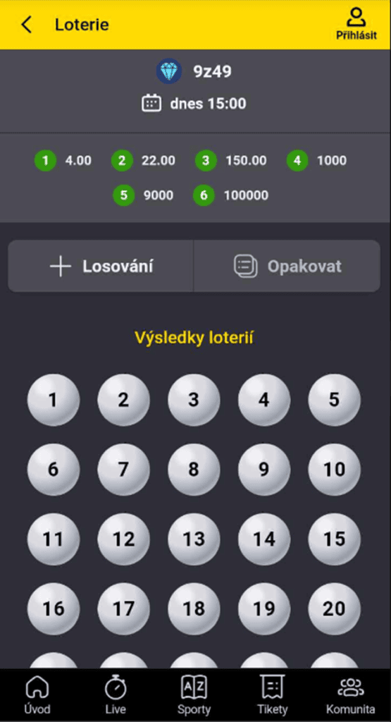 Vsazení 3 z 21 pomocí mobilní aplikace Fortuny