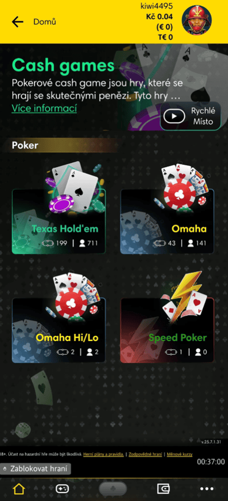 Cash game v aplikaci