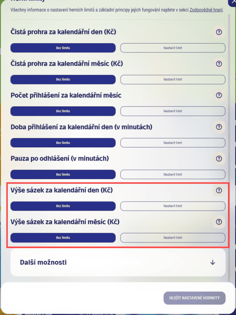 Nastavení limitu výše sázek na Sazka Hrách