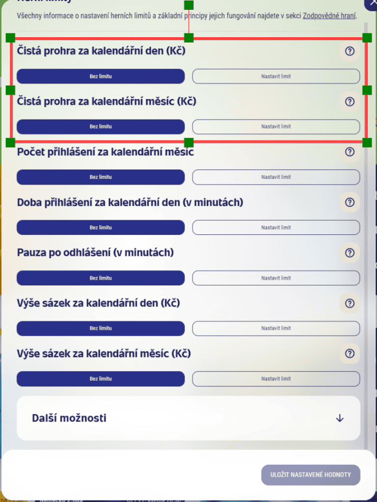 Nastavení limitu čisté prohry na Sazka Hrách