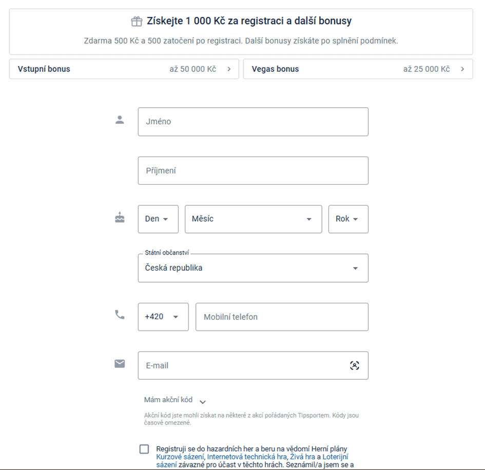 Vyplňte požadované informace při registraci
