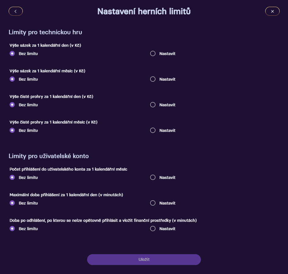 Nastavení herních limitů