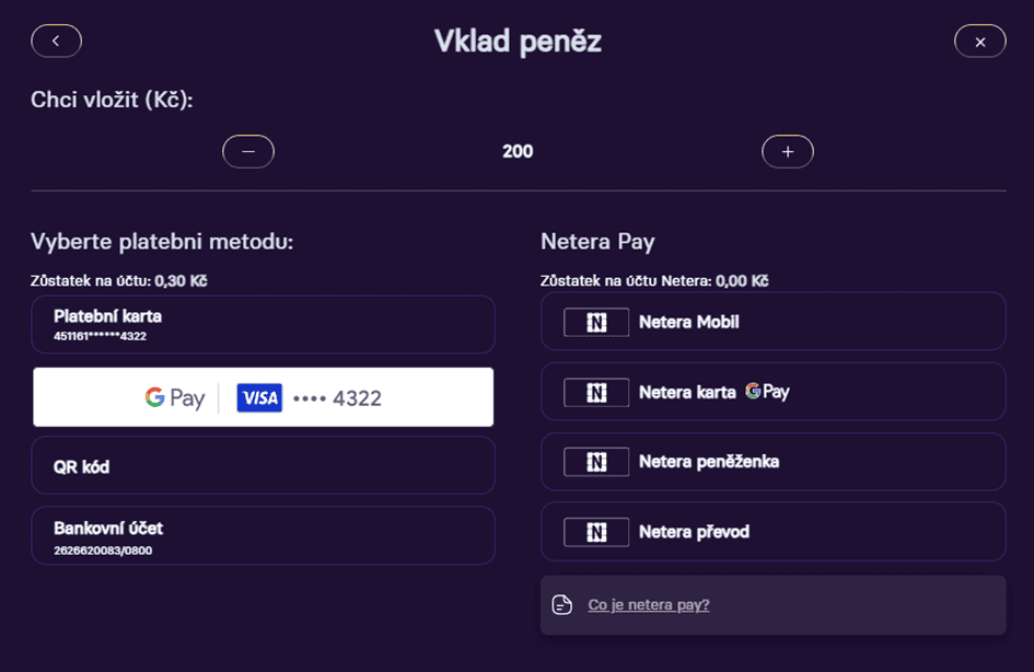 Vklad peněz na účet