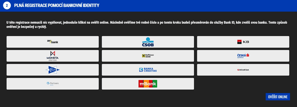 Plná registrace pomocí bankovní identity