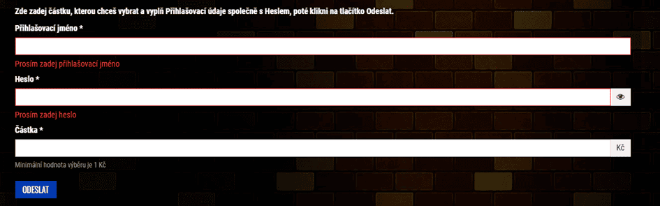 zadejte přihlašovací jméno a heslo a částku