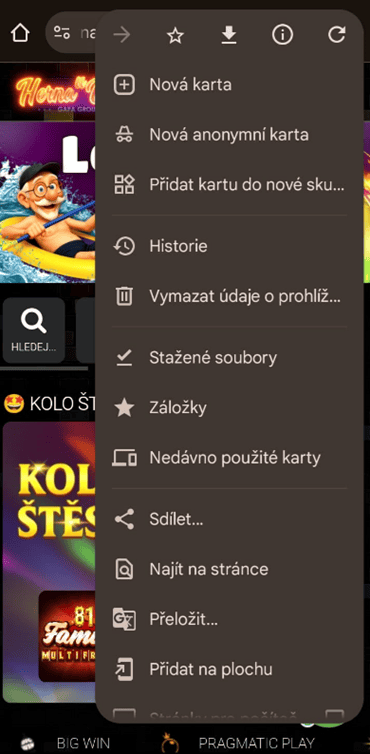 Otevřete menu prohlížeče