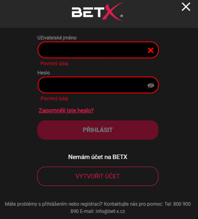 Registrace na BetX