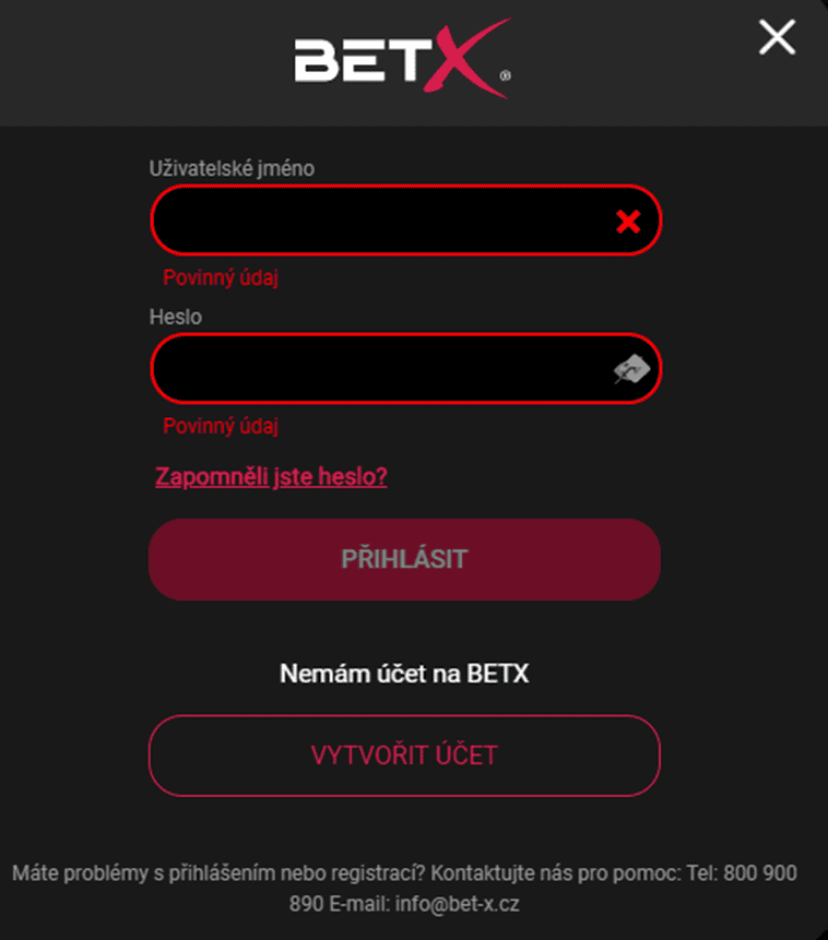 Registrace na BetX
