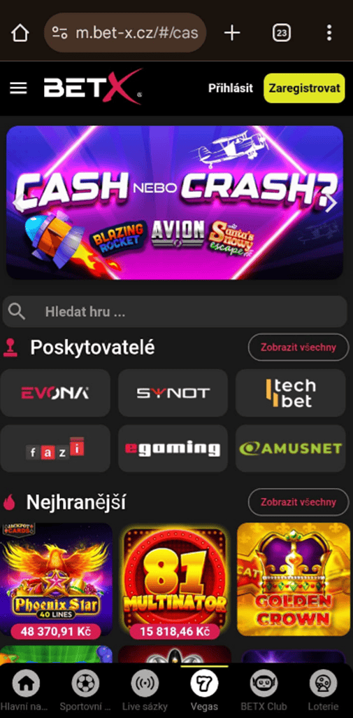 BetX mobilní verze stránek