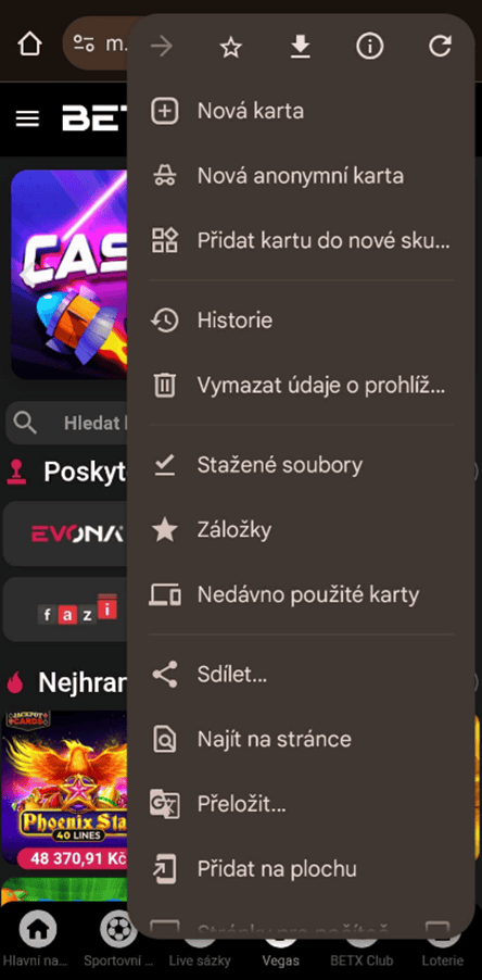 Otevřete menu prohlížeče