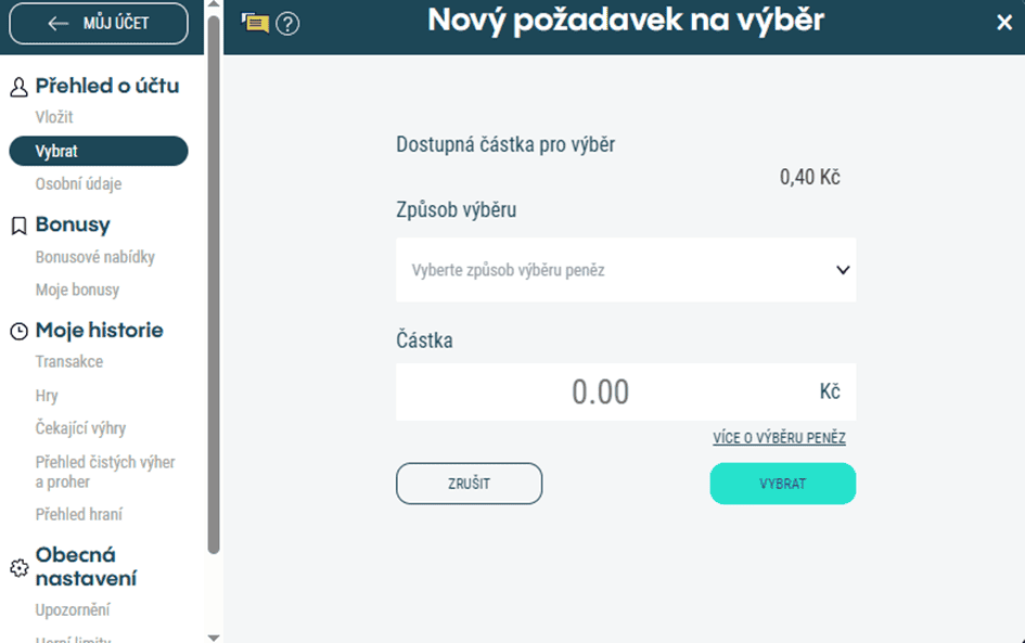Výběr peněz z hráčského účtu